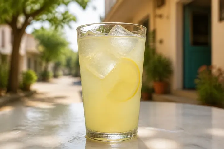 ice meaning picture: Ice cubes clinking in a tall glass of lemonade on a hot summer afternoon