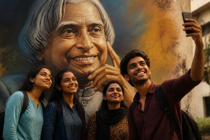 icon meaning picture: A larger-than-life mural of a beloved public figure on a city wall, people posing beside it