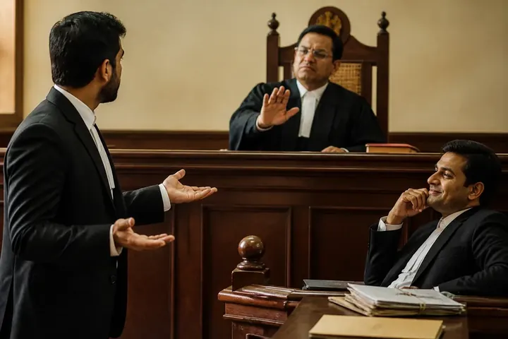 immaterial meaning picture: In a small Indian courtroom, a lawyer stands with palms open in a dismissive shrug while the judge, seated above, waves