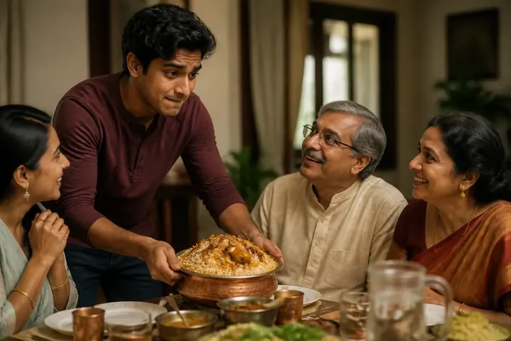 impress meaning picture: A young man nervously serving a pot of biryani to smiling older relatives at a dining table.