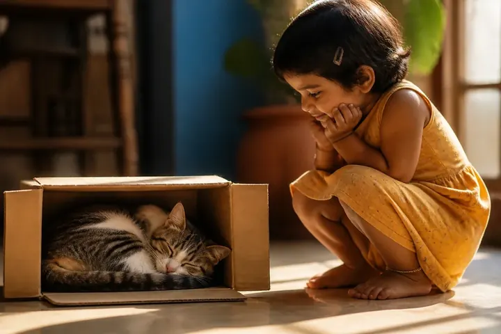 in meaning picture: A cat curled up asleep inside a cardboard box on a sunny floor.