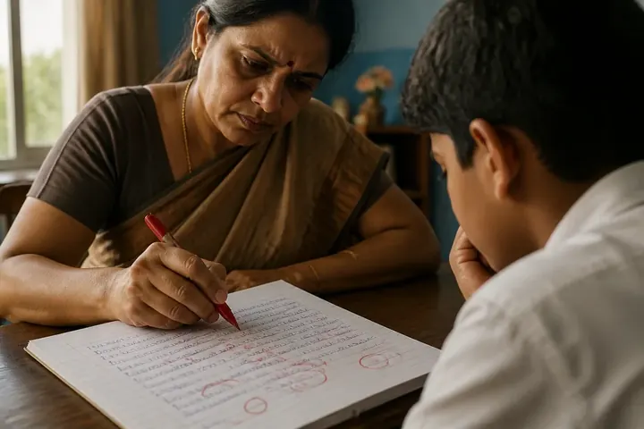 inaccuracy meaning picture: A teacher's red pen circling mistakes on a student's handwritten essay on a desk