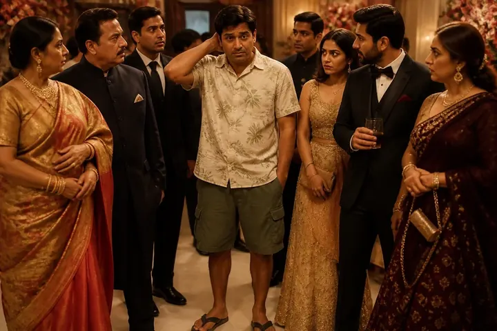 inappropriate meaning picture: A guest in casual shorts and slippers standing awkwardly among formally dressed wedding guests, everyone glancing at him