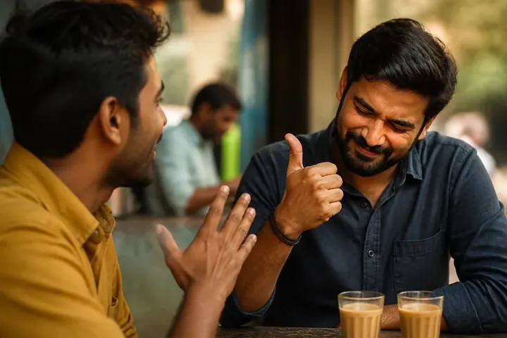indeed meaning picture: Two friends at a roadside tea stall, one nodding strongly in agreement while the other speaks
