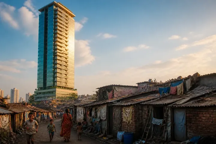 inequality meaning picture: A tall glass tower beside a crowded row of small tin-roofed homes in an Indian city