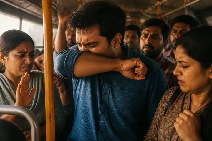 infect meaning picture: A man sneezing into his elbow on a crowded bus while others turn away
