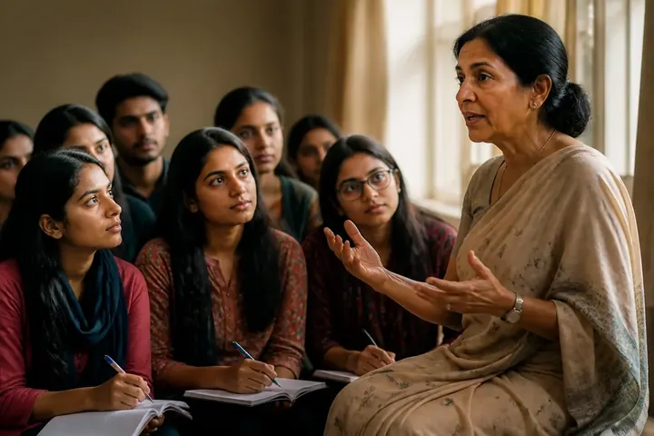 influential meaning picture: A respected teacher speaking to a hall of attentive students who are taking notes eagerly