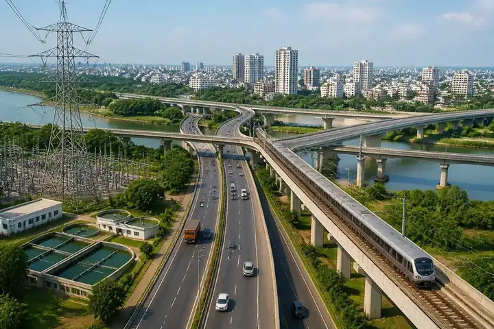 infrastructure meaning picture: An aerial view of a city showing roads, bridges, power lines and a railway all connecting together