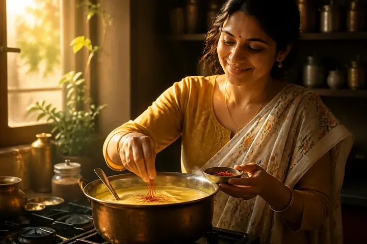 infuse meaning picture: A woman stirring golden saffron strands into a pot of warm milk in a sunlit Indian kitchen