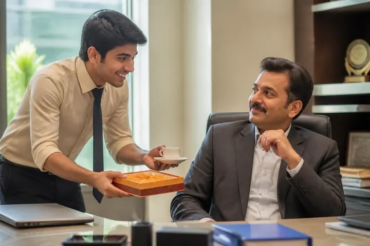ingratiate meaning picture: A young Indian employee with a wide eager smile offers a box of sweets and a cup of tea to a seated boss at a desk, the 