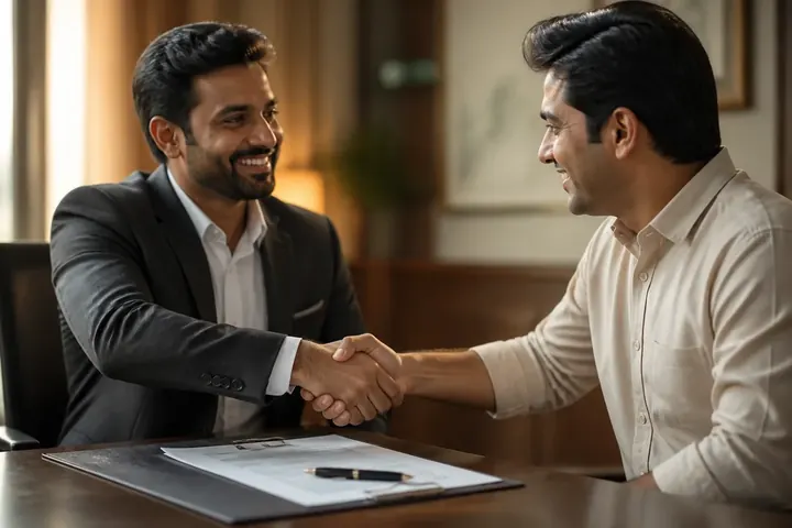 ink meaning picture: Two businesspeople smiling and shaking hands over a signed contract on a table with a pen resting on it