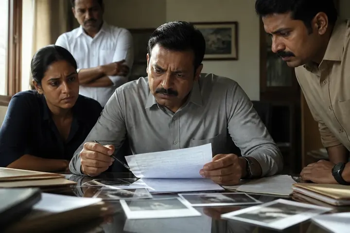 inquiry meaning picture: An official in a meeting room examining files and photographs spread across a table