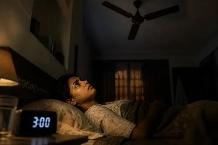 insomnia meaning picture: Person lying awake in bed at 3 a.m. in a dim Indian bedroom, eyes open, staring at the ceiling fan