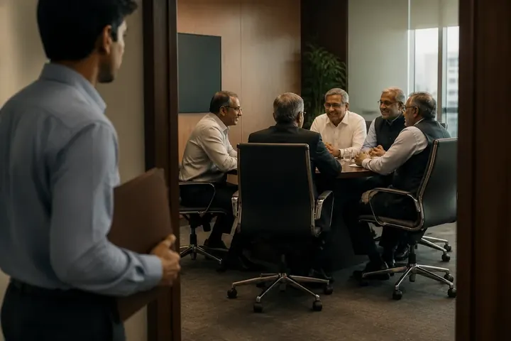 insular meaning picture: An Indian office boardroom where five older executives sit in a tight circle nodding only at each other, backs turned to