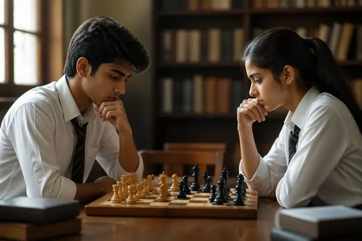 intellectual meaning picture: Two students deep in thought over a chessboard in a quiet library