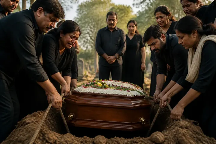 inter meaning picture: A solemn funeral procession lowering a coffin into the ground at a quiet cemetery