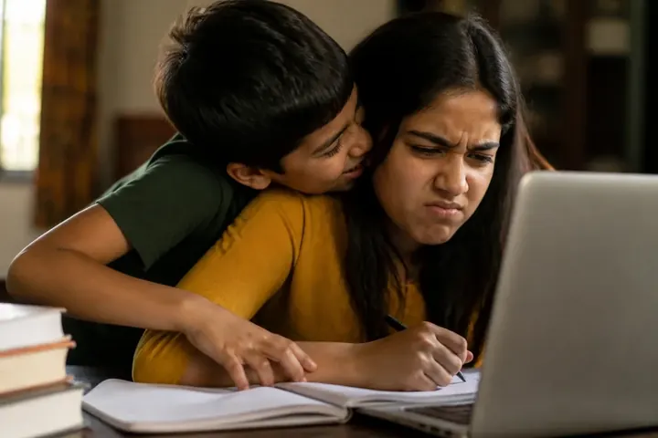 interfere meaning picture: A younger brother pushing his head between his sister and her laptop screen while she tries to study.