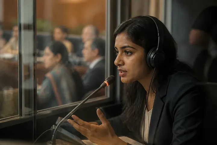 interpreter meaning picture: A professional interpreter with headphones speaking into a microphone in a glass booth during a conference