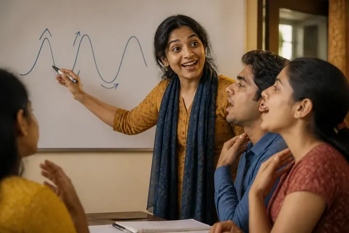 intonation meaning picture: A language teacher drawing rising and falling arrows on a whiteboard while students practise speaking