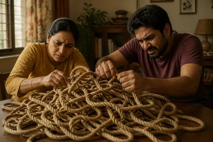 intractable meaning picture: A tangled knot of ropes on a table with two frustrated people trying to untie it