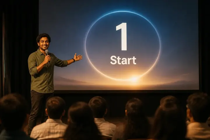 intro meaning picture: A young Indian YouTuber sitting in front of a ring light and camera, mouth open mid-sentence introducing his video enthu