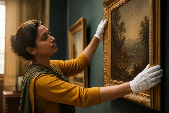 cur meaning picture: A museum curator in white gloves carefully hanging an old painting on a gallery wall
