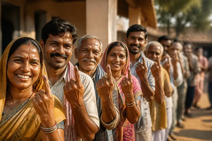 dem meaning picture: A crowd of villagers lining up to vote at a polling booth, holding inked fingers up.