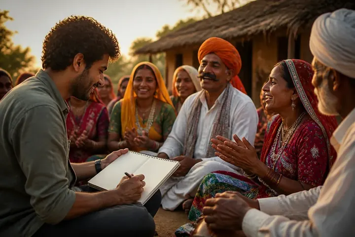 ethn meaning picture: A researcher with a notebook sitting among villagers in colourful traditional dress, recording a folk song.
