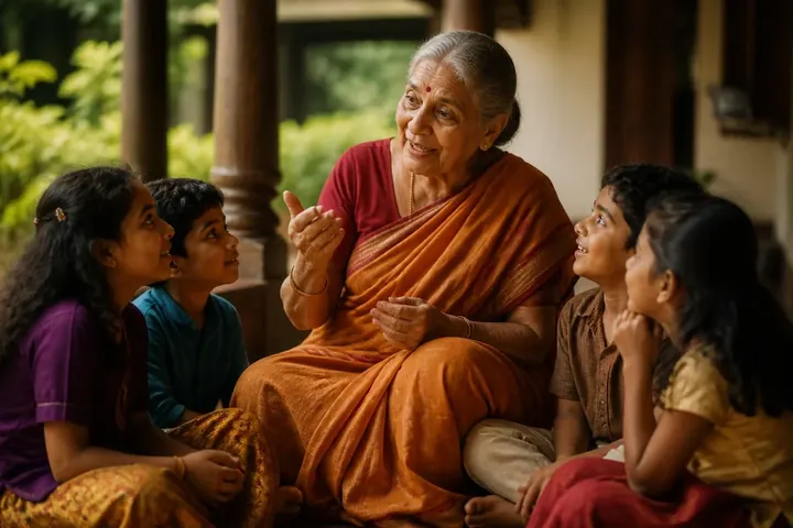 fa / fab / fess meaning picture: A grandmother telling a story to wide-eyed children sitting around her on a veranda