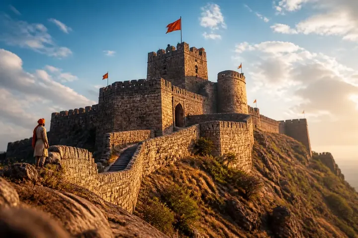 fort meaning picture: An old stone fort on a hill with high walls and flags against a bright sky