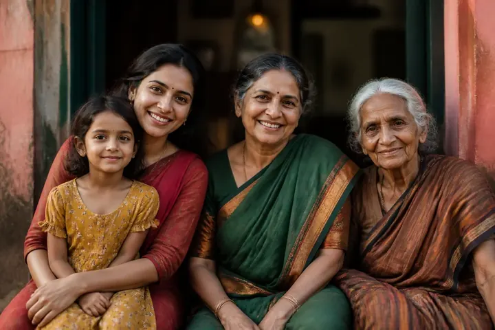 gen / gener meaning picture: Four generations of an Indian family, from child to great-grandmother, posing together at a doorway