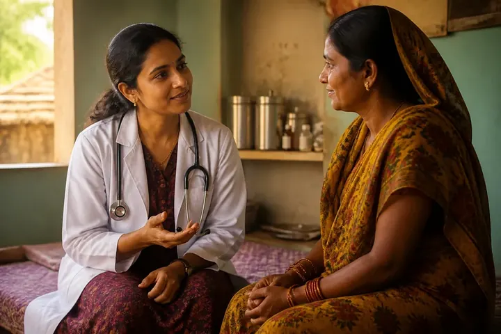 gyn meaning picture: A woman doctor in a white coat speaking kindly with a village woman in a small rural clinic