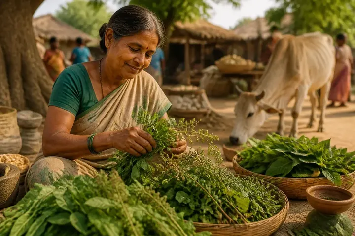herb meaning picture: A herbalist in an Indian village market sorting fresh tulsi and neem leaves beside a grazing cow