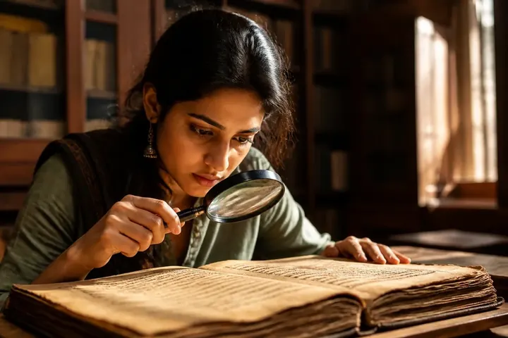 hist meaning picture: A researcher examining an old handwritten manuscript with a magnifying glass in a library